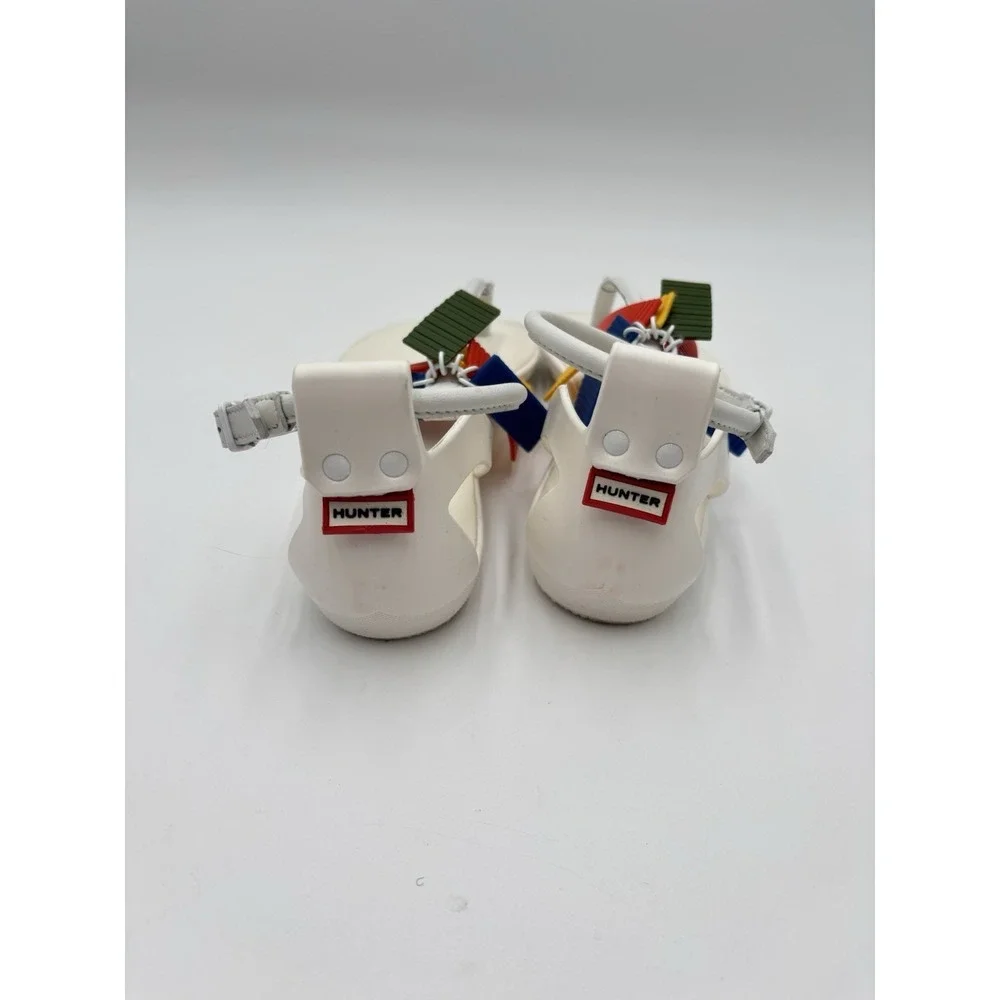 Hunter Original White T-Strap Sandals Rainbow Fringe Charms Women's US 6